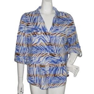 TOMMY BAHAMA Blouse, XL, Blue & Brown, Convertible long sleeves